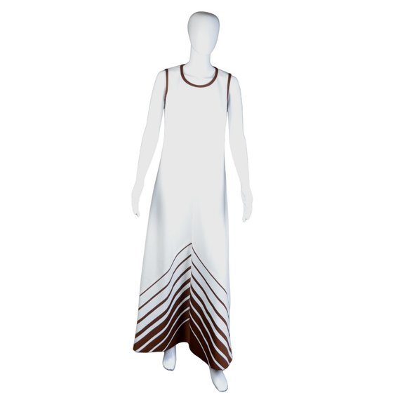 Kay Windsor 1960s Brown and White Maxi Dress with Chevron Pattern - Size 18 - Picture 6 of 11